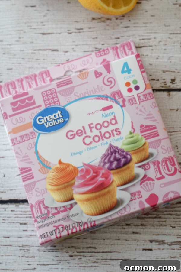 Pastel Peaks of Lemon Sunshine 6 A box of food coloring used to make the rainbow filling.