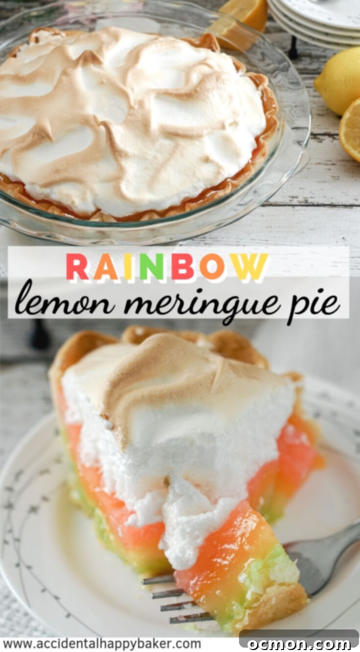 Pastel Peaks of Lemon Sunshine 8 Fun and fruity! Rainbow Lemon Meringue pie has the fresh sweet citrus flavor of classic lemon meringue with a colorful rainbow surprise hiding inside. #lemonmeringuepie #rainbowdessert #lemon #rainbow #accidentalhappybaker