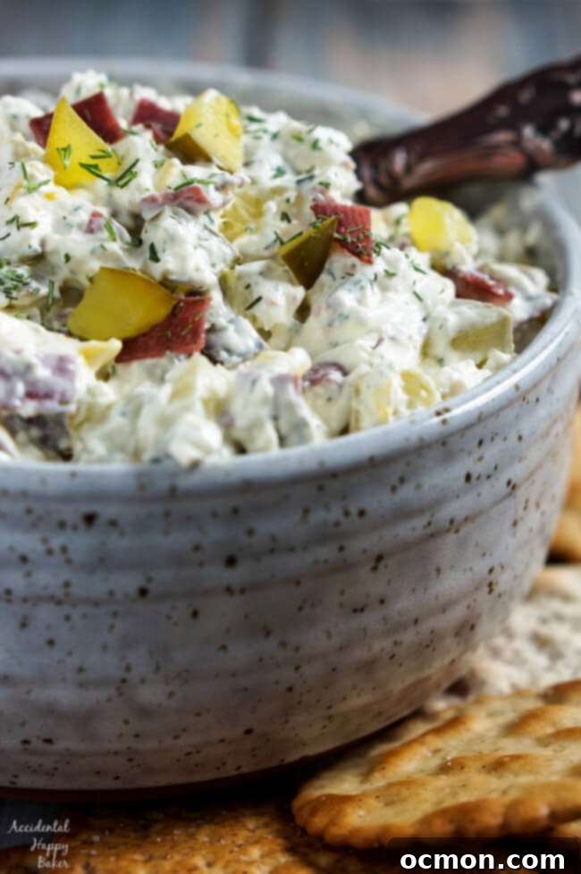 Bowl of Creamy Dill Pickle Dip, ready to be served.