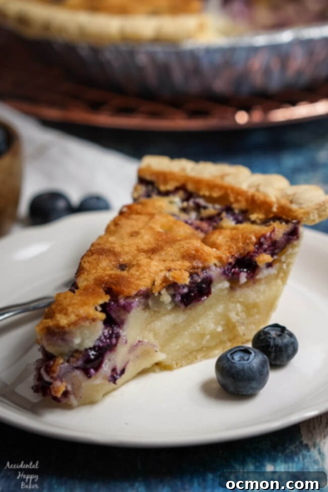 A slice of blueberry buttermilk pie, showcasing its rich, creamy filling and juicy blueberries.