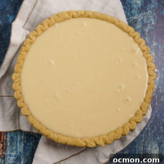 Tangy Blueberry Buttermilk Pie 6 The smooth buttermilk pie filling is gently poured over the prepared blueberries in the pie crust.