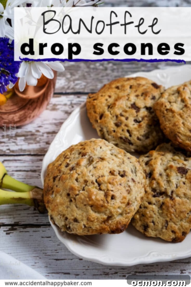 Banoffee Dream Scones 8 A Pinterest-friendly image featuring a stack of Banoffee Drop Scones with bananas, toffee, and chocolate. Includes text overlay highlighting the easy Bisquick recipe.