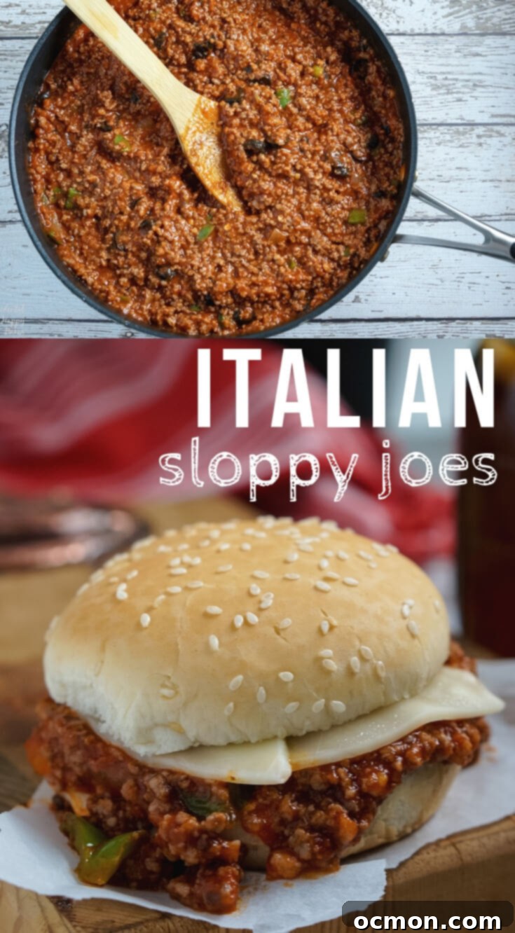 A Pinterest-optimized image for Italian Sloppy Joes, featuring the finished sandwich and ingredients.