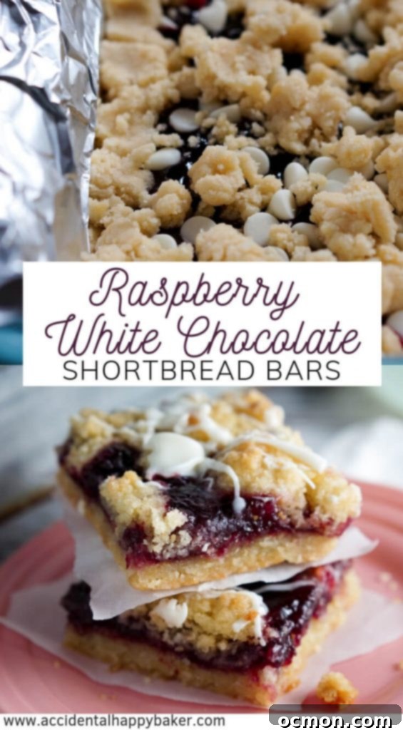 Raspberry White Chocolate Shortbread Bars 8 Raspberry white chocolate shortbread bars have buttery sweet and crisp shortbread cookie dough sandwiching raspberry jam and white chocolate chips for an easy cookie bar recipe that tastes and looks decadent! #raspberry #cookiebar #shortbreadcookie #whitechocolate #accidentalhappybaker