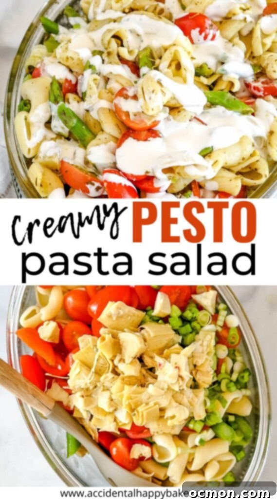 A close-up shot of a creamy pesto pasta salad garnished with fresh herbs, showcasing its vibrant colors and textures.