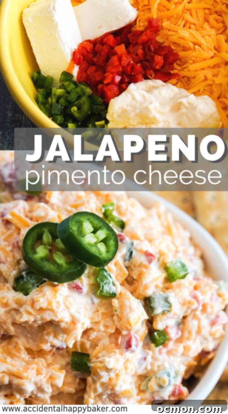 Jalapeno Pimento Zest 8 Jalapeno pimento cheese brings the flavor in this quick and easy appetizer. Sharp cheddar, cream cheese, mayo and pimentos are kicked up a notch with the addition of fresh jalapeno peppers. #pimentocheese #appetizer #jalapeno #cheese #accidentalhappybaker