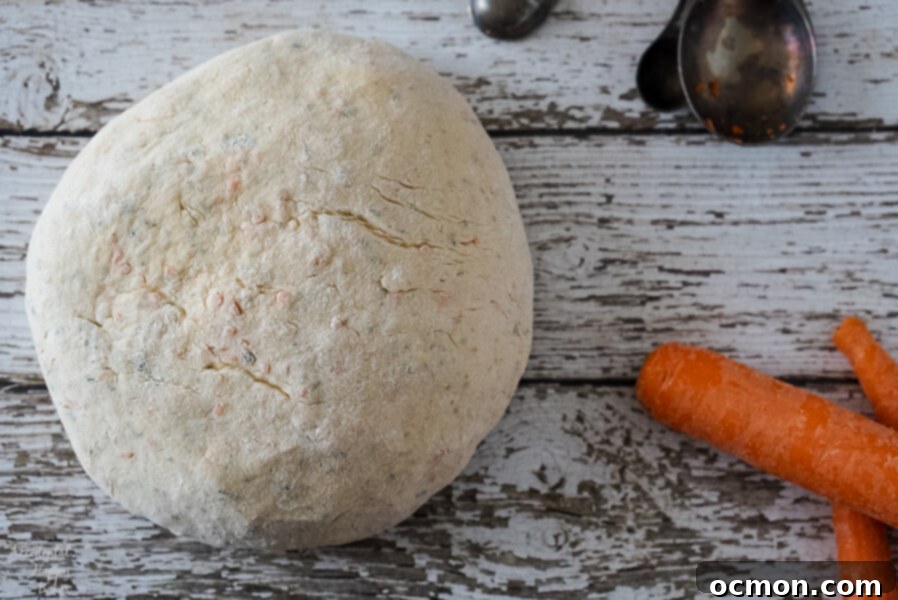 Garden Carrot & Chive Loaf 5 Carrot and chive bread dough after kneading, showing its smooth, elastic texture, ready for the first rise.