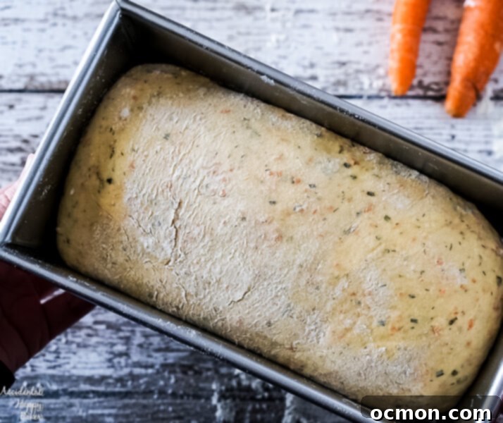 Garden Carrot & Chive Loaf 6 The shaped carrot and chive bread dough resting in a loaf pan, ready for its second and final rise before baking.