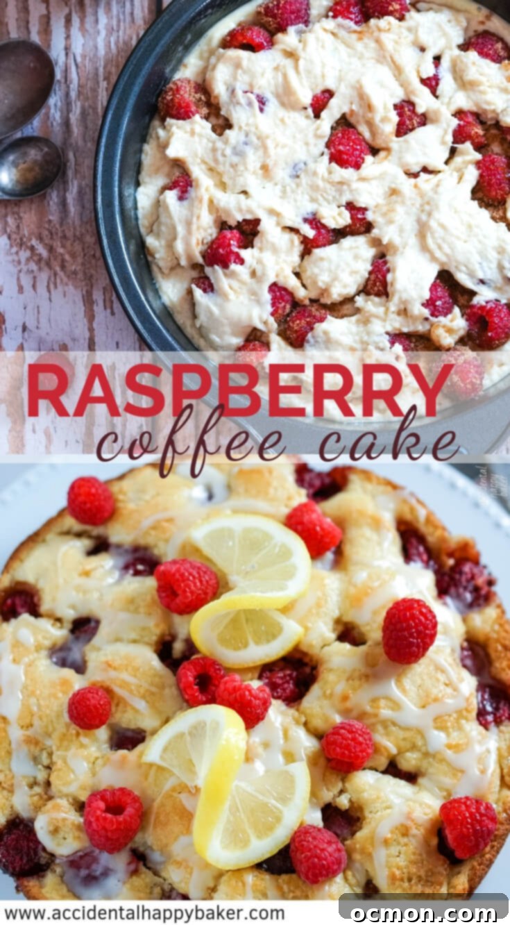 Raspberry coffee cake has tender vanilla cake surrounding juicy fresh raspberries and is topped with a bright lemon glaze. No mixer required and ready in about 45 minutes. #raspberry #coffeecake #coffeecakerecipe #accidentalhappybaker