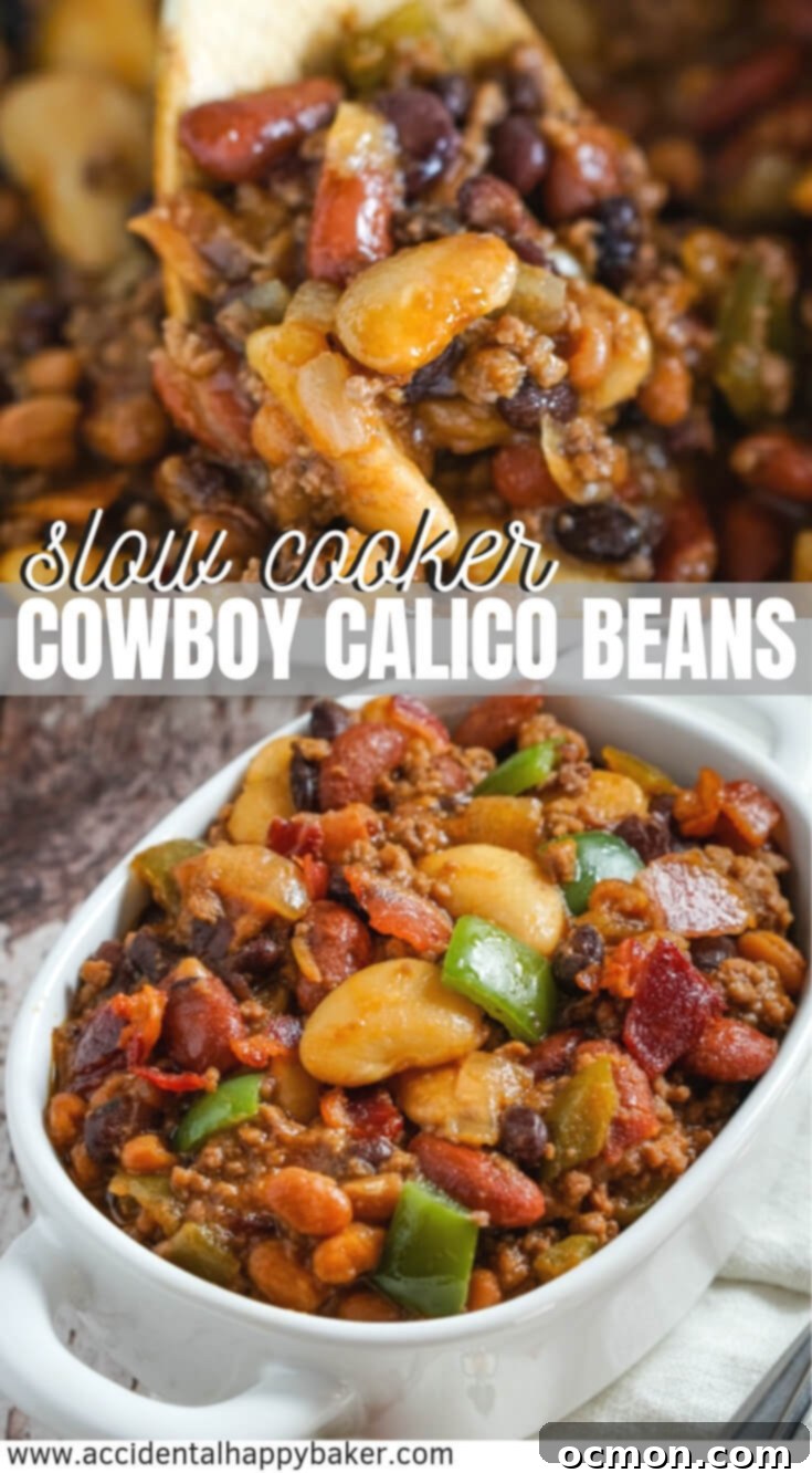 Slow Cooker Calico Beans in a serving dish, ready to be enjoyed. Perfect for an easy ground beef recipe or potluck, garnished with fresh parsley.
