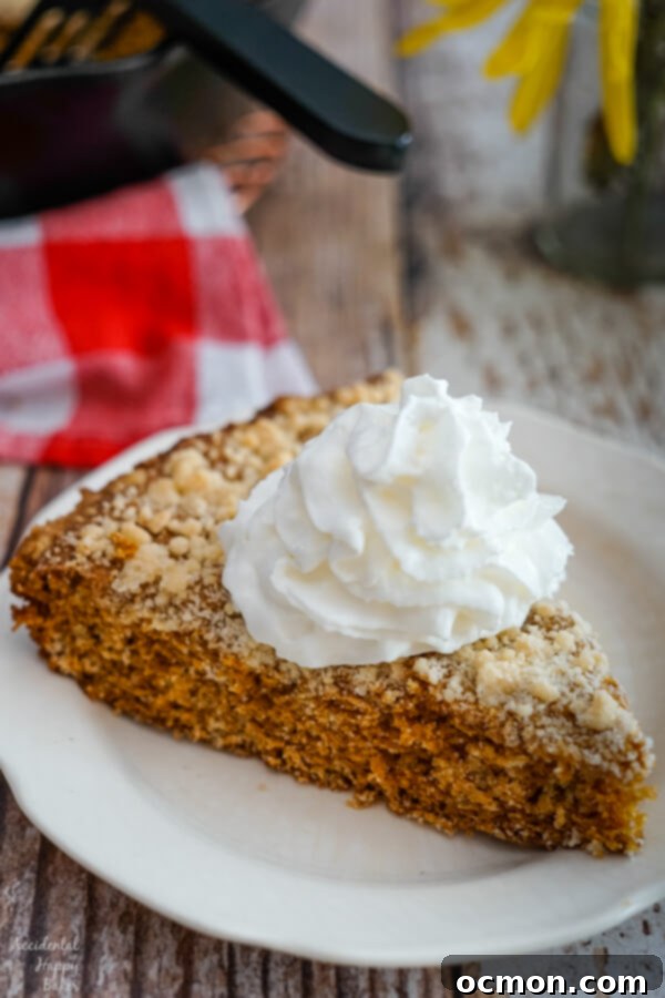 Deep Molasses Skillet Cake 2 A generous slice of Molasses Skillet Cake on a white plate, elegantly topped with a dollop of fluffy whipped cream, highlighting its moist texture and golden-brown crumble topping.