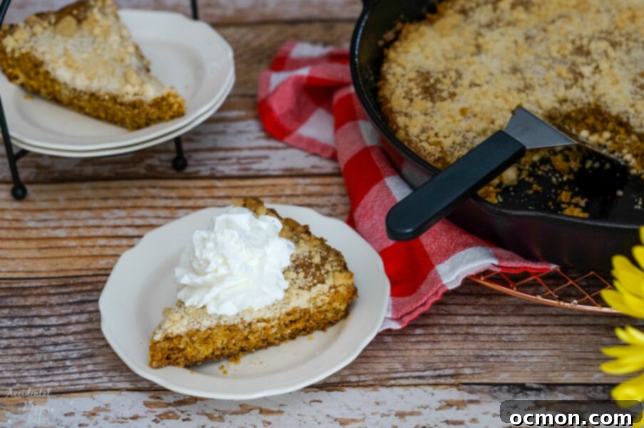 Deep Molasses Skillet Cake 5 A perfectly baked slice of Molasses Skillet Cake, topped with whipped cream, sits beside the very cast iron skillet it was baked in, showcasing its rustic charm and delicious appeal.