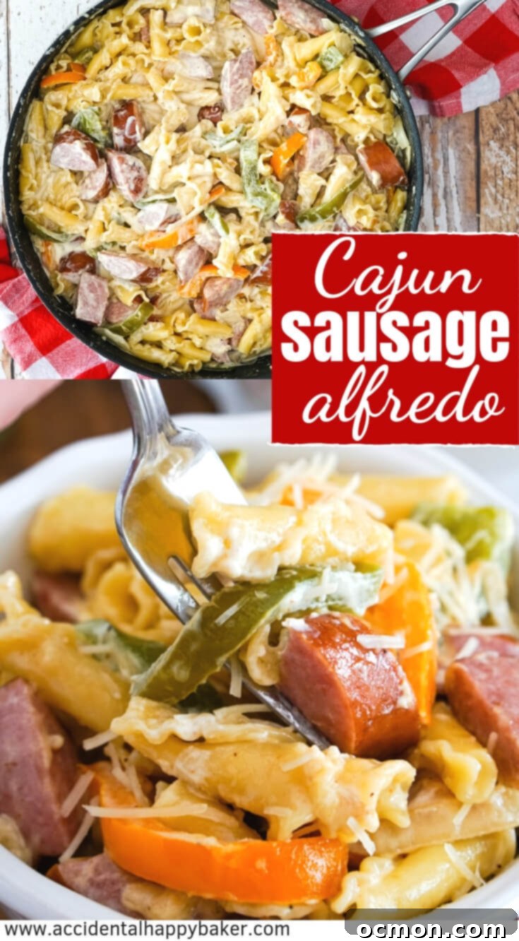 Cajun Kick Alfredo 6 Pinterest graphic for Cajun Sausage Alfredo, highlighting it as a cheap and quick 15-minute weeknight dinner with only 8-9 ingredients. Includes hashtags like #easyweeknightdinner #pasta #alfredo #sausage #cajunsausagealfredo #accidentalhappybaker