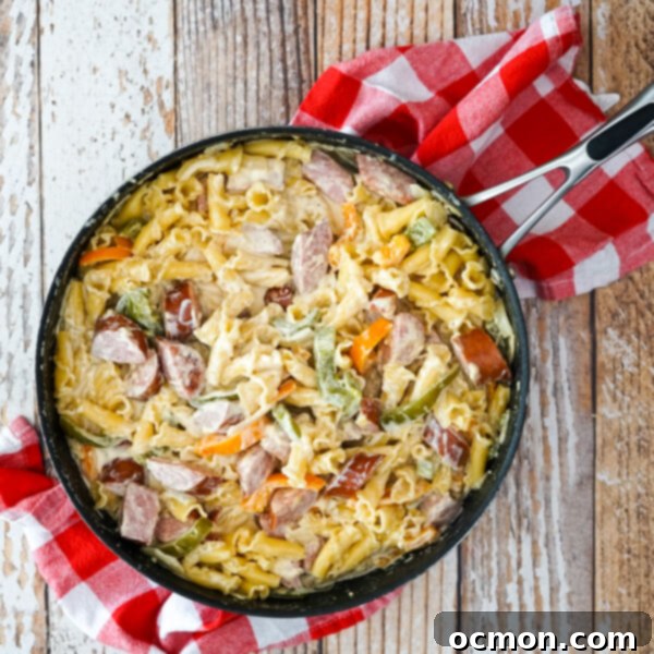 Cajun Kick Alfredo 7 A skillet full of cajun sausage alfredo.