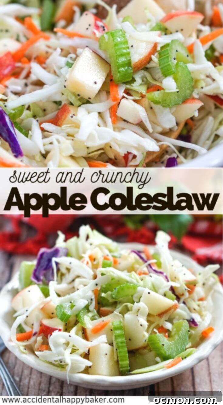 Apple coleslaw is crisp and crunchy with fresh apples, celery and cabbage and topped with a tangy homemade poppy seed dressing. #applecoleslaw #coleslaw #summersidedish #accidentalhappybaker