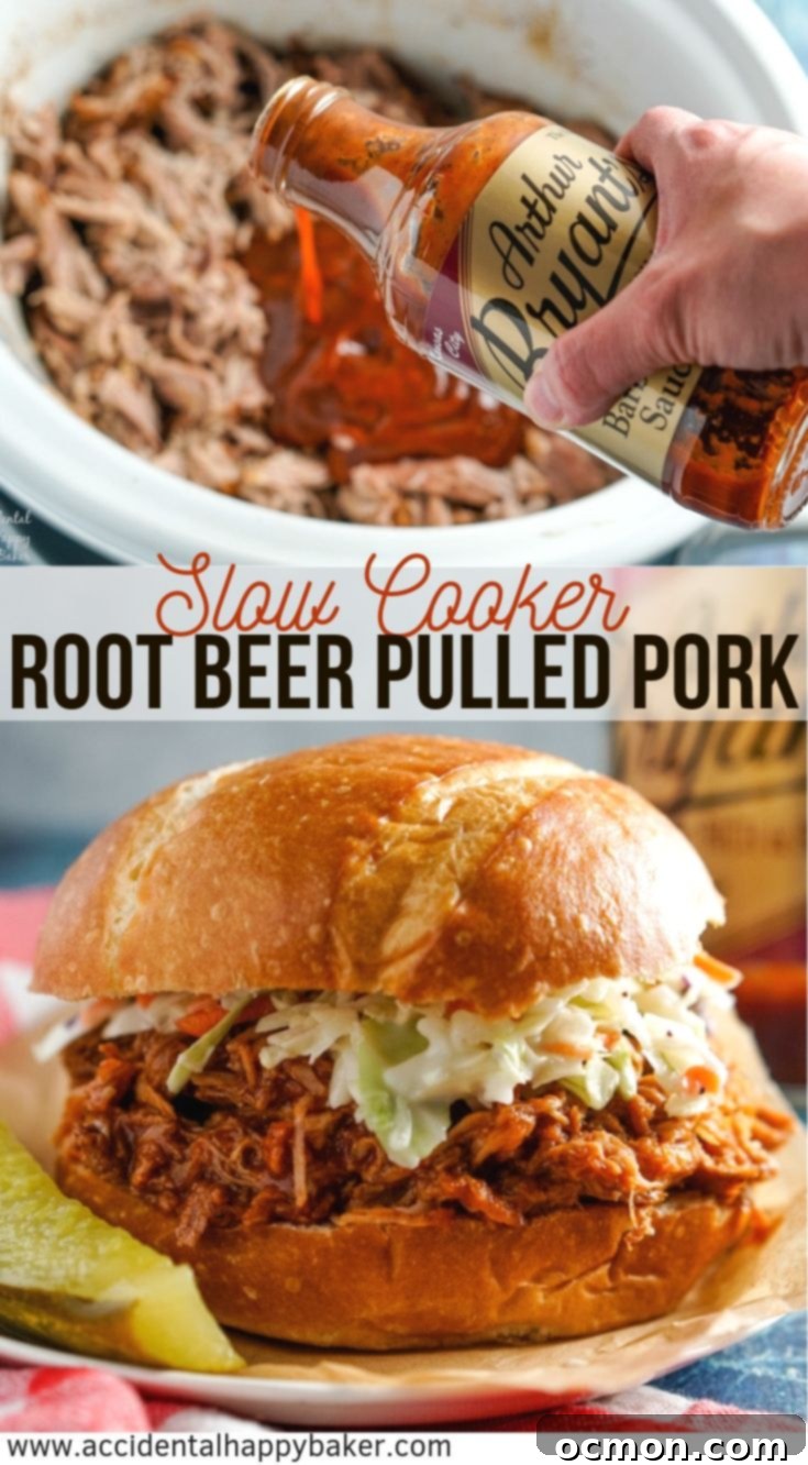 Pork is slow simmered with apples, onions, and root beer until it’s fall-apart tender, then mixed with barbecue sauce in this slow cooker root beer pulled pork recipe. #slowcooker #pulledpork #rootbeerpulledpork #porksandwiches #accidentalhappybaker