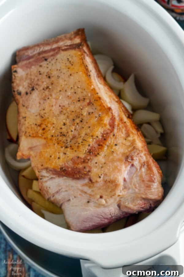 Seared Boston Butt Roast is placed on top of the apples and onions in the slow cooker. 
