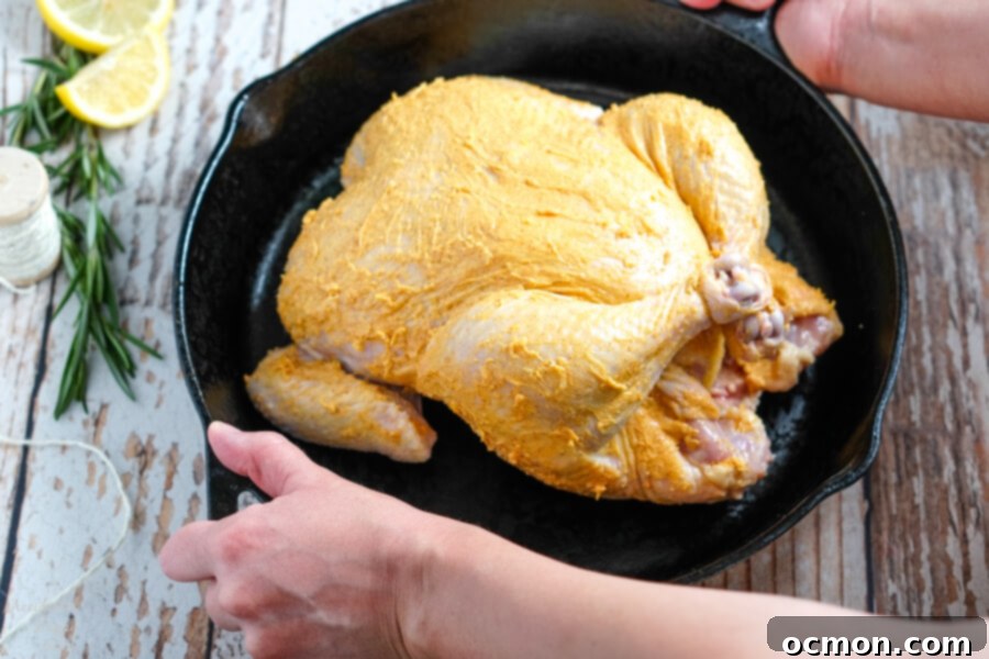 Golden Roast Chicken 9 A fully trussed and seasoned chicken ready for the oven.