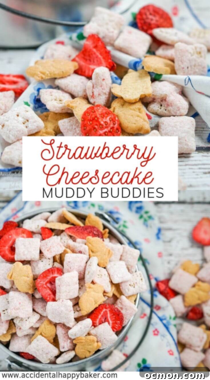 Strawberry Cheesecake Muddy Buddies, strawberry cheesecake flavored muddy buddies with real strawberries and bites of graham crackers. An easy no bake snack mix that everyone will love! #strawberry #cheesecake #puppy #chow #muddy #buddies #recipe #easy #quickly #no #bake #recipe #dessert 