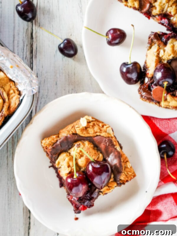 A cherry revel bar on a white plate surrounded by fresh cherries. 