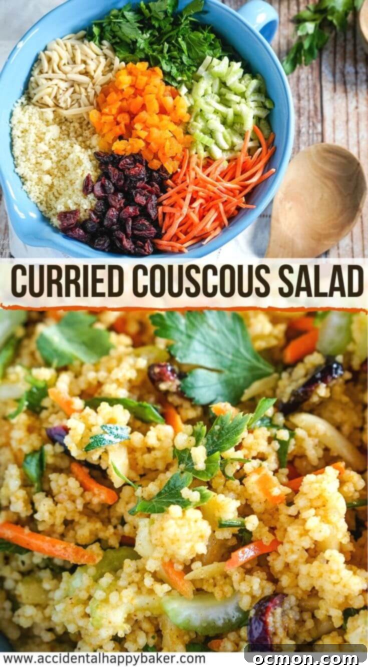 Golden Curried Couscous Salad 8 A Pinterest-optimized image showcasing the curried couscous salad, highlighting its fragrant, sweet, spicy, and crunchy qualities, with text overlay: 'Curried couscous salad is fragrant, sweet and spicy with loads of crunchy fresh veggies, nuts, and dried fruit. This salad is delightfully different, keeps well in the fridge and is so easy to make. #curry #couscous #couscousalad #accidentalhappybaker'