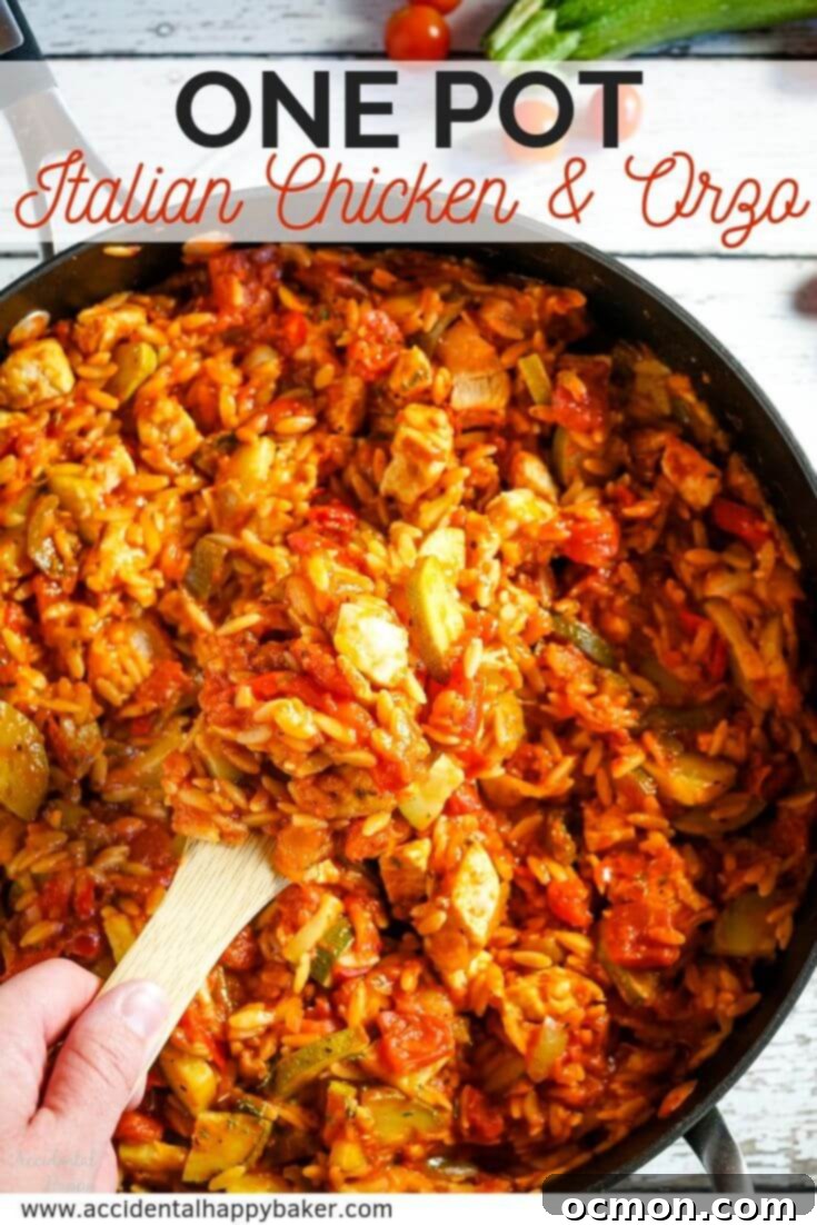 One Pot Italian Chicken and Orzo is the epitome of hearty meets easy. Full of chicken, zucchini, peppers, onions, tomatoes and orzo, this skillet supper only takes 30 minutes. Pin this recipe for a quick and delicious weeknight dinner idea, saving it for when you need a fast and flavorful meal!