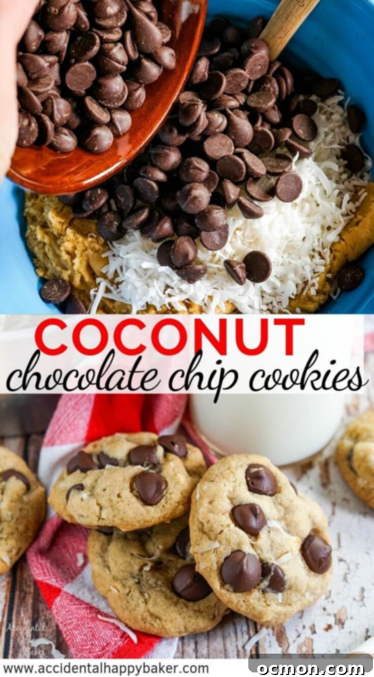Heavenly Chewy Coconut Chocolate Chip Cookies 9 Chewy Coconut Chocolate Chip cookies are the perfect combination between chewy macaroons and classic chocolate chip cookies. #BakeBetterCookies #chocolatechipcookies #coconutchocolatechip #coconutcookies #chewycookies