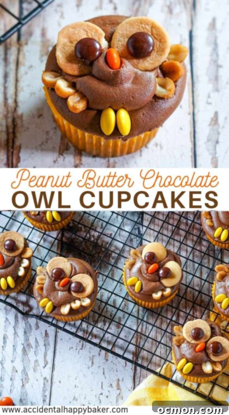 Hoot-Worthy Peanut Butter Chocolate Cupcakes 12 A Pinterest-optimized vertical image for Peanut Butter Chocolate Owl Cupcakes, featuring a moist and dense peanut butter cupcake topped with chocolate frosting and edible owl decorations, perfect for a festive fall dessert, Halloween, or birthday celebrations.
