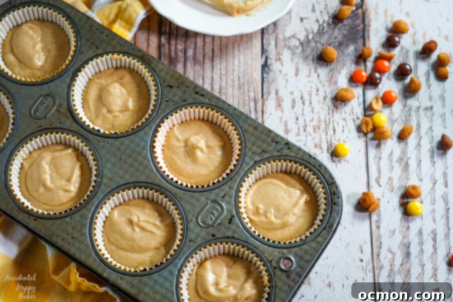 Hoot-Worthy Peanut Butter Chocolate Cupcakes 3 A close-up of a decorated peanut butter chocolate owl cupcake, showcasing the Reese's Pieces eyes, orange beak, and peanut wings against the chocolate frosting.