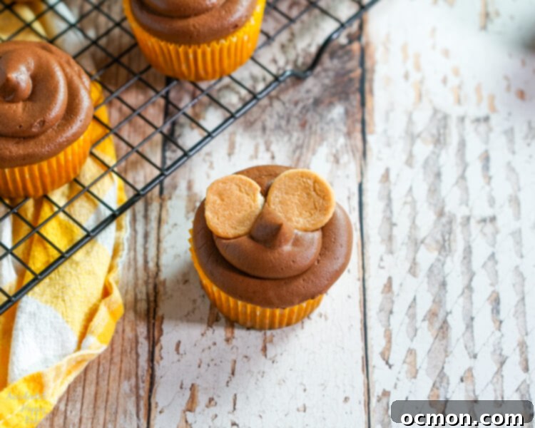 Hoot-Worthy Peanut Butter Chocolate Cupcakes 6 A plain peanut butter cupcake freshly frosted with a swirl of chocolate, ready for decoration.