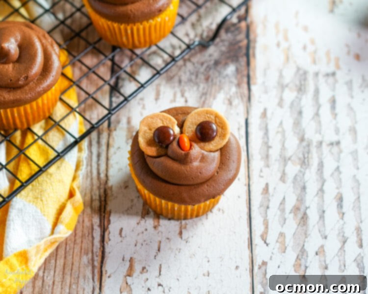 Hoot-Worthy Peanut Butter Chocolate Cupcakes 8 An orange Reese's Pieces candy carefully placed as the owl's beak between the Nilla wafer eyes on a cupcake.