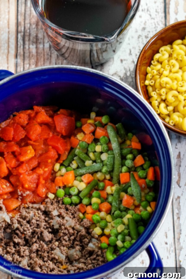 Cooking ground beef, onions, and garlic in a stockpot for hamburger macaroni soup. The meat is browning and seasoning is being added.