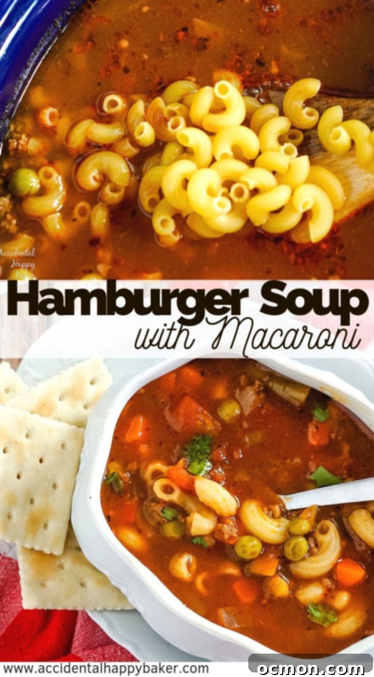 Pin for later: Hamburger macaroni soup takes budget friendly ingredients and turns them into a rich and satisfying hearty soup in less than 30 minutes. A white bowl filled with hamburger macaroni soup, a spoon, and fresh parsley garnish.