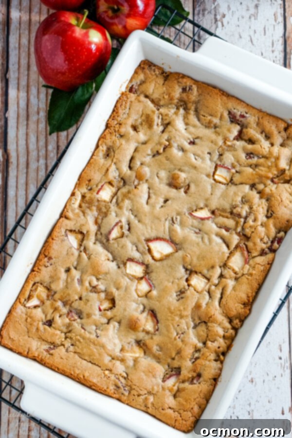 A close-up of a single apple cinnamon bar, showcasing its moist, fluffy interior and the golden-brown crust, dotted with pecans.