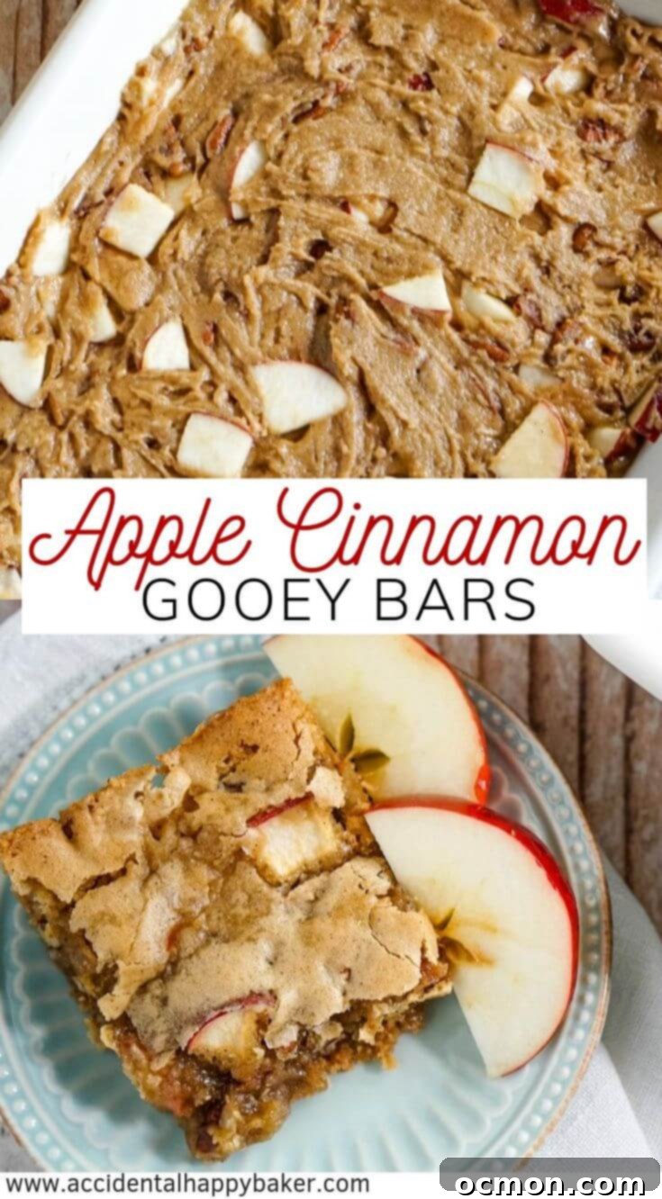 A Pinterest-friendly vertical image showing delicious Apple Cinnamon Bars, with prominent text overlay: 'Easy & Gooey Apple Cinnamon Bars - Perfect Fall Dessert!'