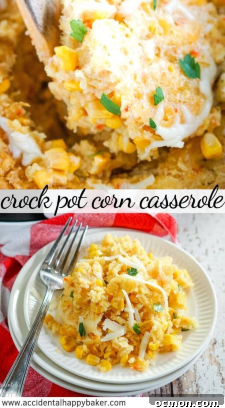 Creamy Slow Cooker Corn Bake 8 Crock Pot Corn Casserole is a creamy and cheesy corn pudding casserole full of sweet corn baked with cornbread mix. #crockpotcorncasserole #corncasserole #cornpudding #accidentalhappybaker