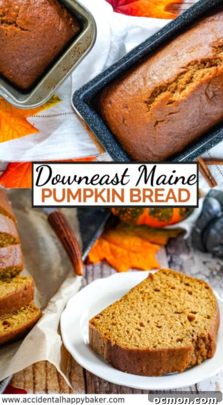 A beautifully sliced loaf of Downeast Maine Pumpkin Bread on a cutting board, ready to be served. Ideal for fall baking and quick bread recipes.