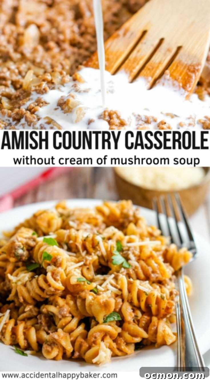 Amish Country Casserole is an easy, filling and budget friendly meal made with ground beef, noodles, an easy homemade sauce (without cream of mushroom soup) and topped off with Parmesan cheese. #amishcountrycasserole #groundbeefrecipe #weeknightcooking #accidentalhappybaker