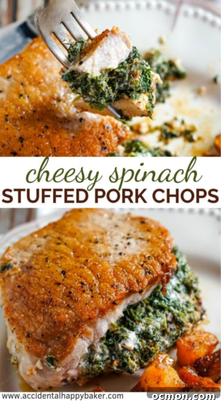 Pinterest graphic featuring a beautifully presented spinach stuffed pork chop