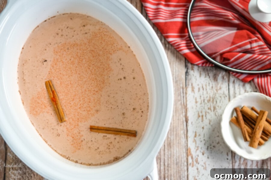 Rich & Spicy Slow Cooker Mexican Hot Cocoa 5 A top-down view into a slow cooker, showcasing the blend of milk and half-and-half being poured over the cocoa and sugar mixture, ready for a gentle stir.