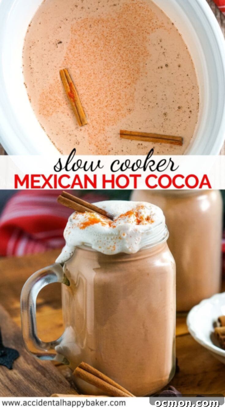Rich & Spicy Slow Cooker Mexican Hot Cocoa 7 A Pinterest-friendly image showcasing Slow Cooker Mexican Hot Cocoa, emphasizing its rich chocolaty, sweet, and spicy profile, made with cocoa, cinnamon, cayenne, and two types of sugar. A perfect warming drink.