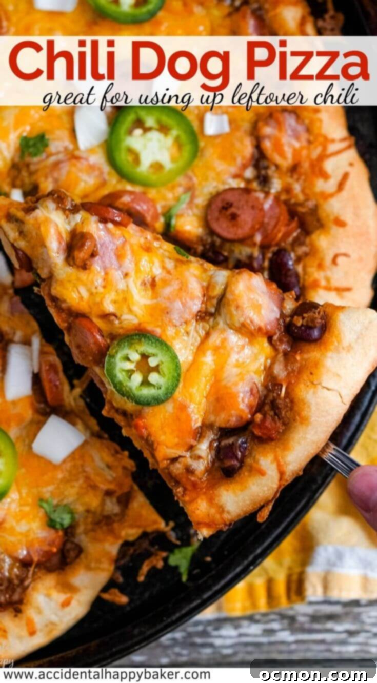 The Chili Dog Pie 8 A vibrant and enticing promotional image for Chili Dog Pizza, featuring a perfectly baked pizza slice, highlighting the melted cheese, sliced hot dogs, and rich chili, with relevant hashtags for social sharing.