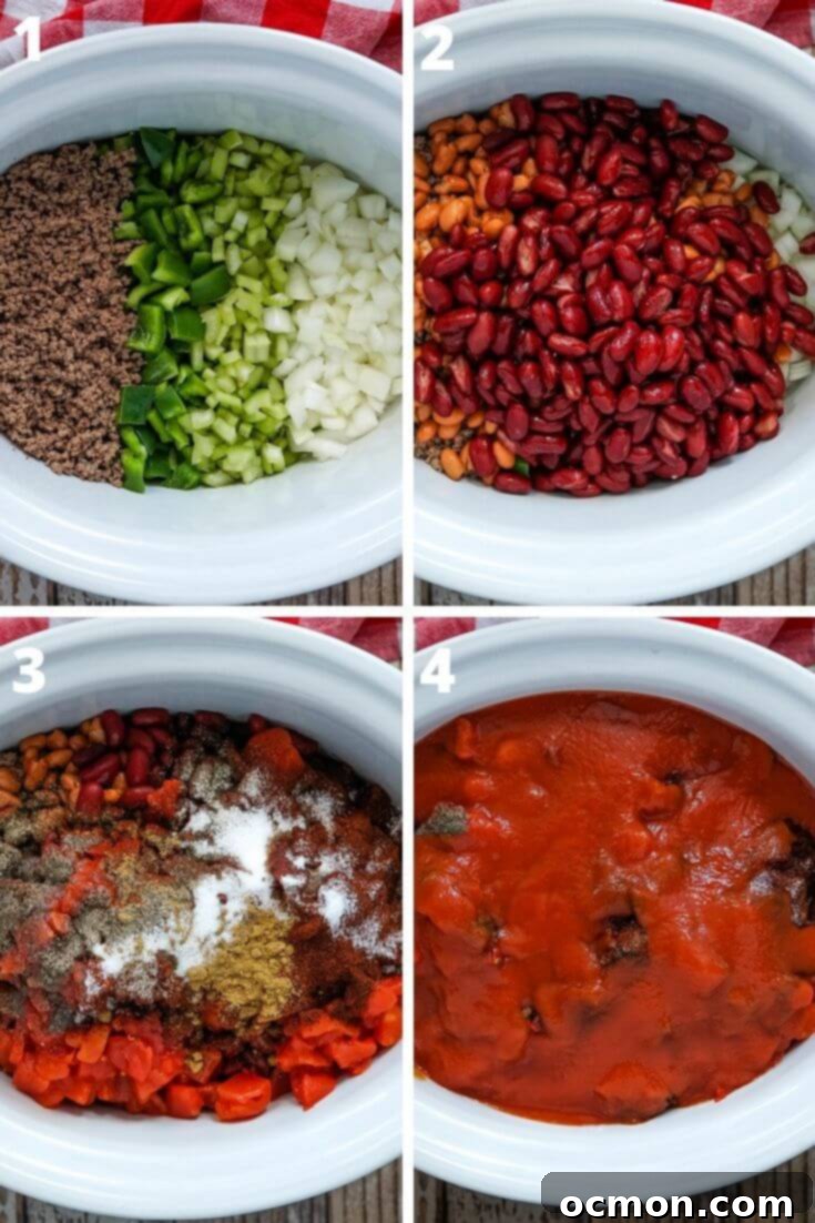 A collage of photos showing the steps to make slow cooker Wendy's Copycat Chili