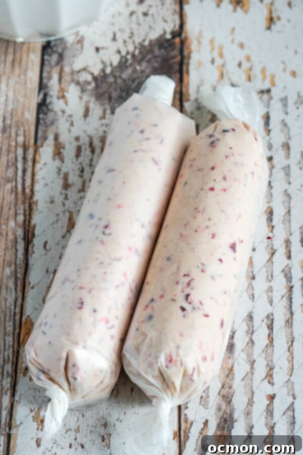 Two logs of cookie dough wrapped in waxed paper and ready to refrigerate. 
