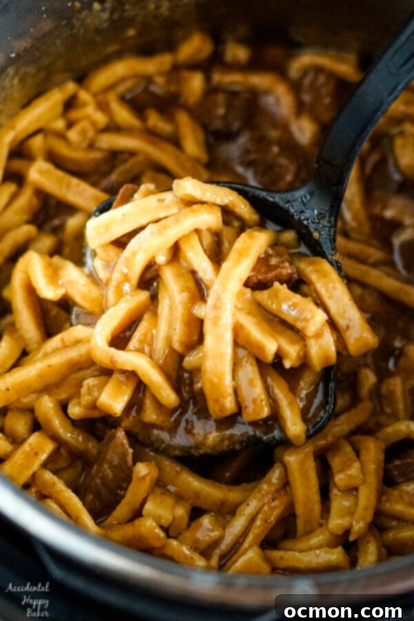 Ladling out the beef and noodles from the instant pot, showcasing the tender beef and creamy noodles. 