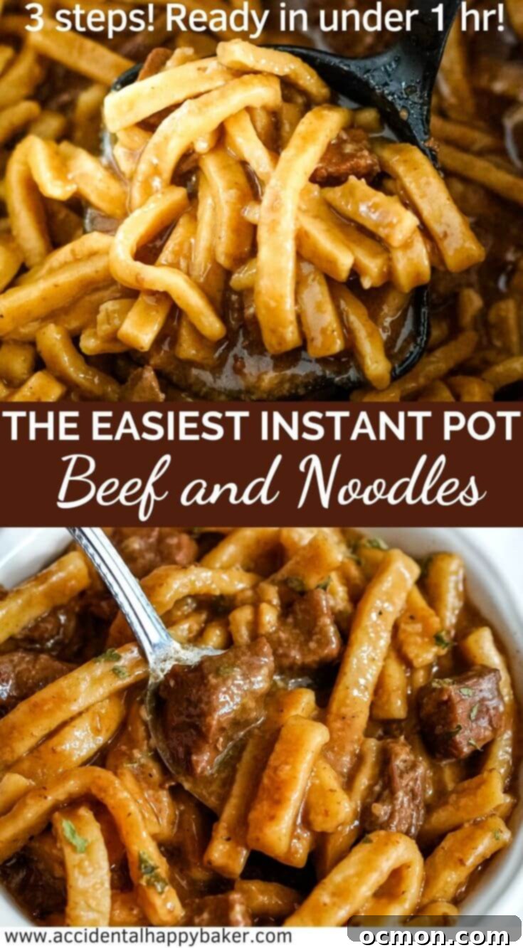 The easiest Instant Pot Beef and Noodles recipe you'll ever try. A traditional hearty beef and noodles recipe in 3 easy steps and under an hour. #instantpot #beefandnoodles #easyrecipe #weeknightdinner