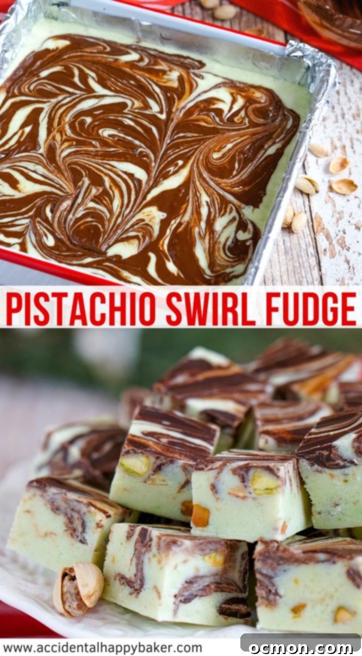Pistachio swirl fudge is an easy to make candy recipe that results in a rich and creamy pastel green pistachio fudge that's studded with chopped pistachios and swirled with dark chocolate. #pistachiofudge #swirledfudge #easychristmascandy #fudgerecipe
