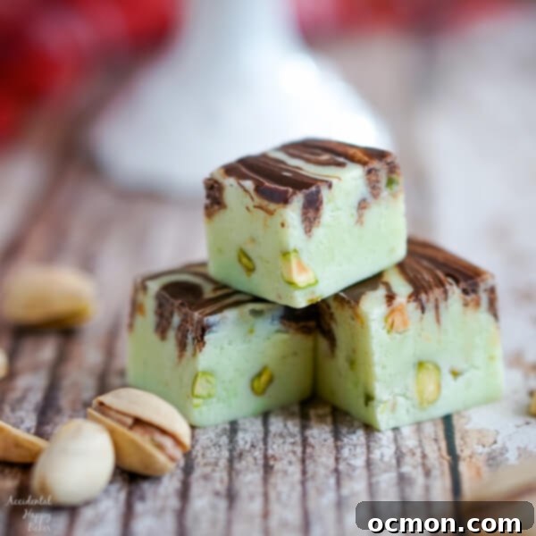 A close up image of 3 pieces of Pistachio swirl fudge that show the chopped pistachios inside the fudge. 