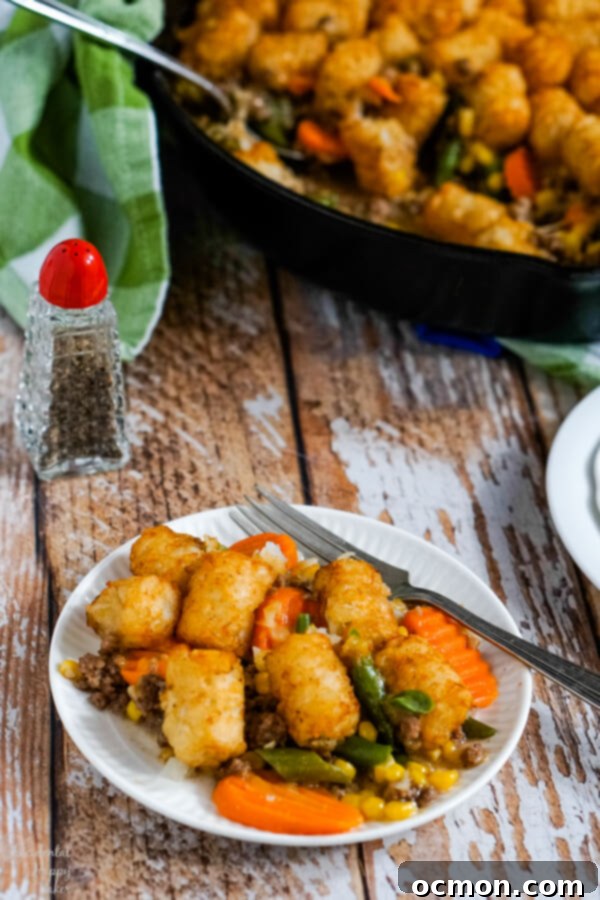 Crispy Tater Tot Shepherds Pie 2 A plate of Shepherd's Pie with Tater Tots sits next to a cast iron skillet, showcasing the crispy tater tot topping and savory filling.