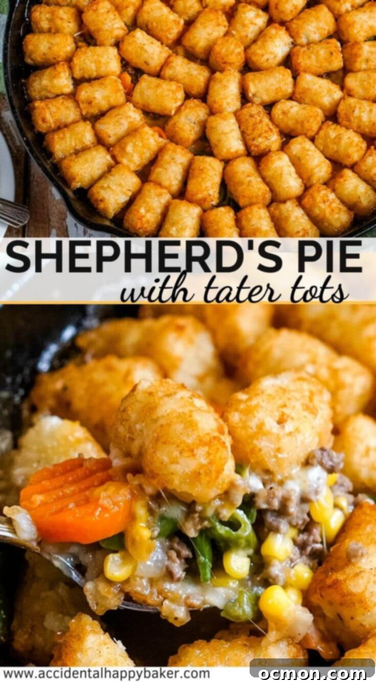 Crispy Tater Tot Shepherds Pie 8 Shepherd’s Pie with Tater Tots makes a comfort food classic into an easy one dish weeknight dinner. Ground beef and mixed vegetables in a savory gravy topped with cheese and tater tots. #shepherdspie #tatertothotdish #maindishcasserole #weeknightdinner #accidentalhappybaker